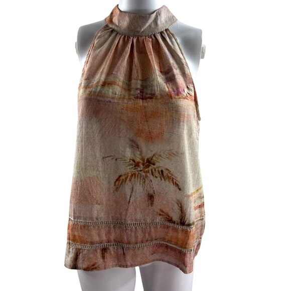 Rachel Zoe NWT Women S Linen Blend Halter Top Tropical Palm Tree Resort Vacation - Picture 1 of 15